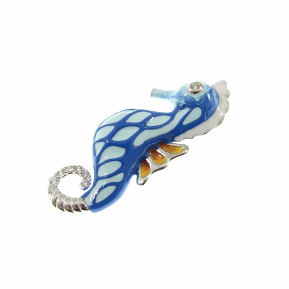Solid 925 Sterling Silver & Blue and White Enamel Seahorse Slide Pendant - Picture 4 of 8